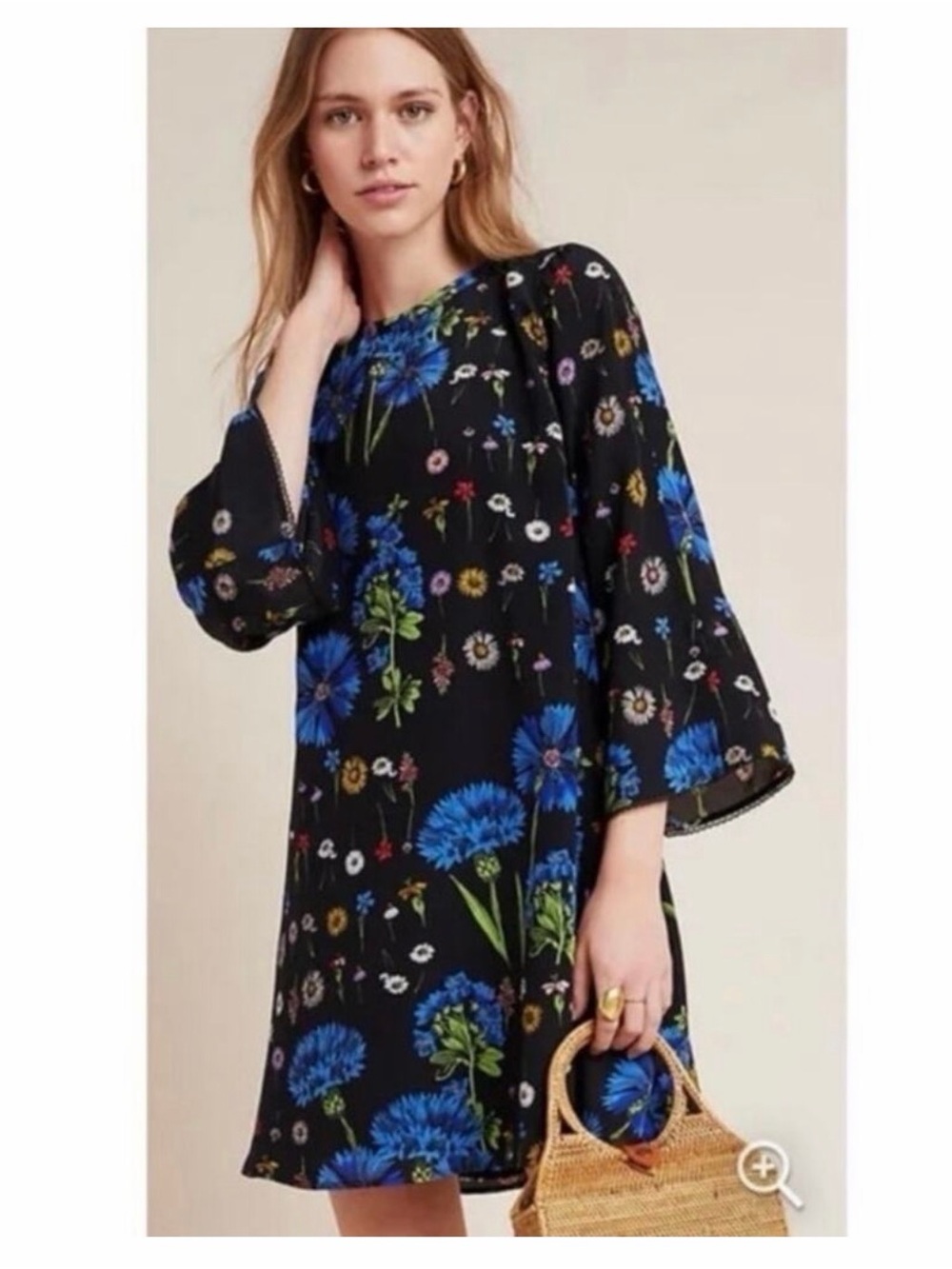 Anthropologie Maeve Black Floral Mini Bell Sleeve Dress - XS